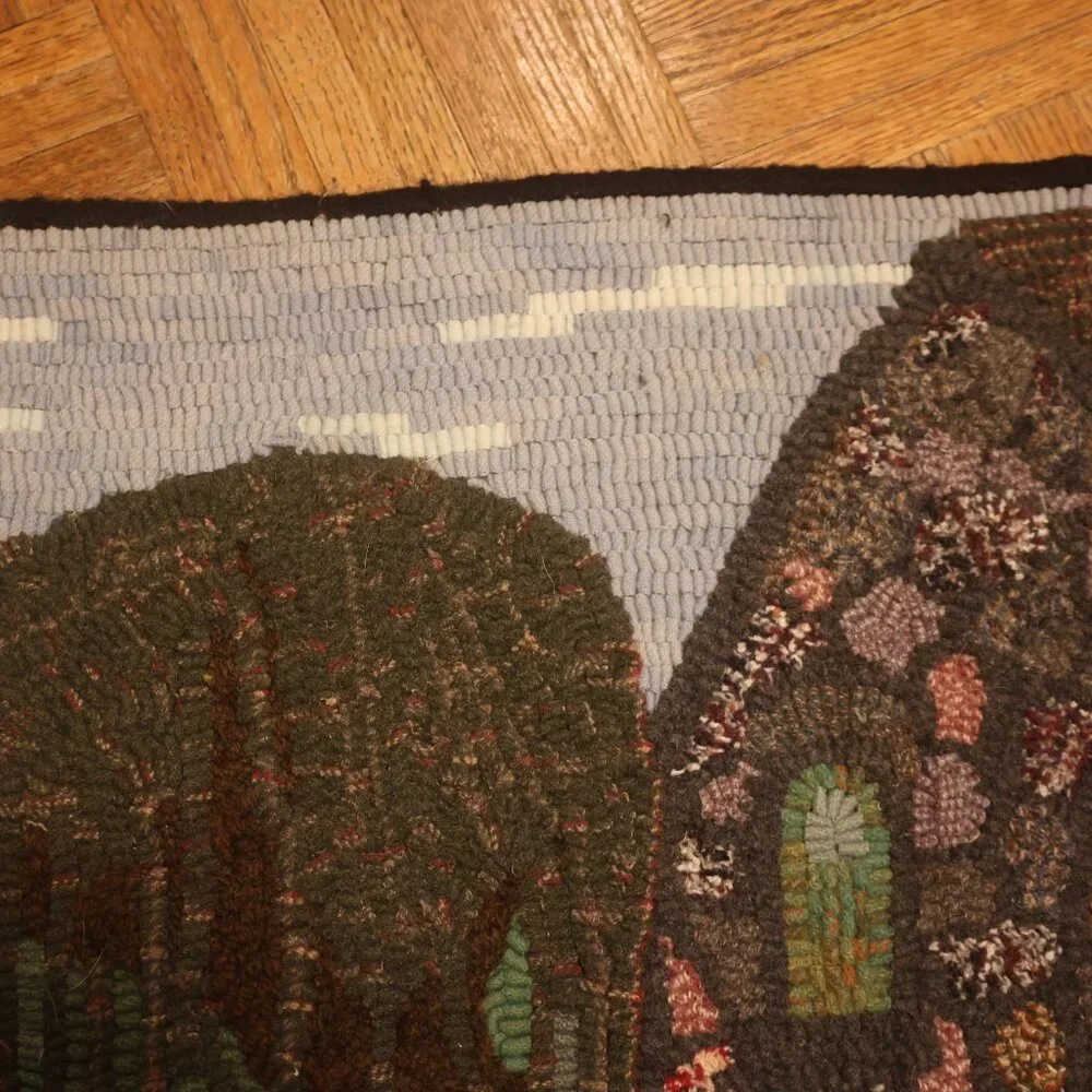 HAND HOOKED Rug Summer Lake House Boat Scene FOLK ART River 25x19